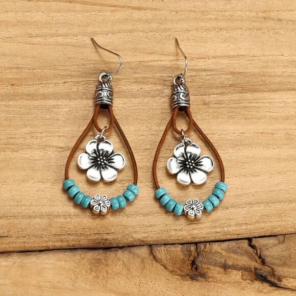 Boho Western Flower Turquoise Beaded Dangle Earrings - Picture 3 of 5